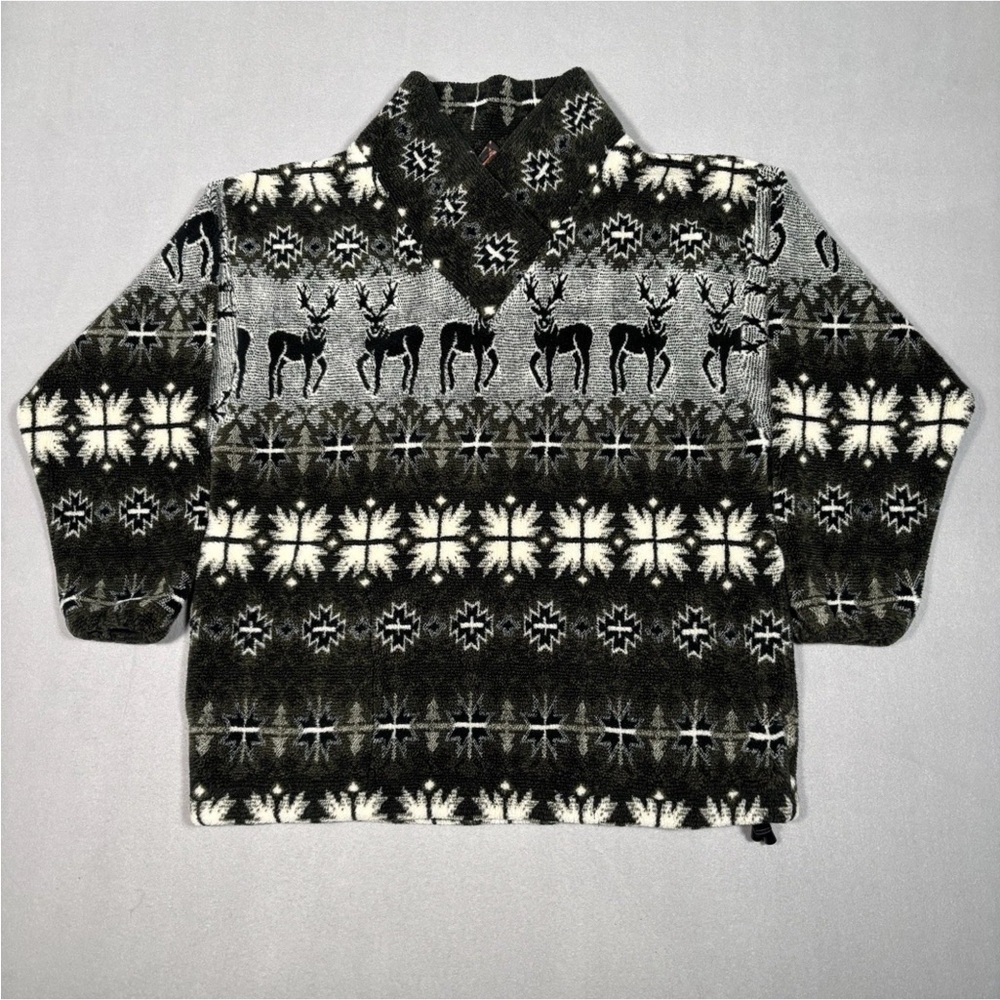 Vtg Sun Buster Sweater Women’s Medium Fleece Pullover Green/Black Deer Aztec USA